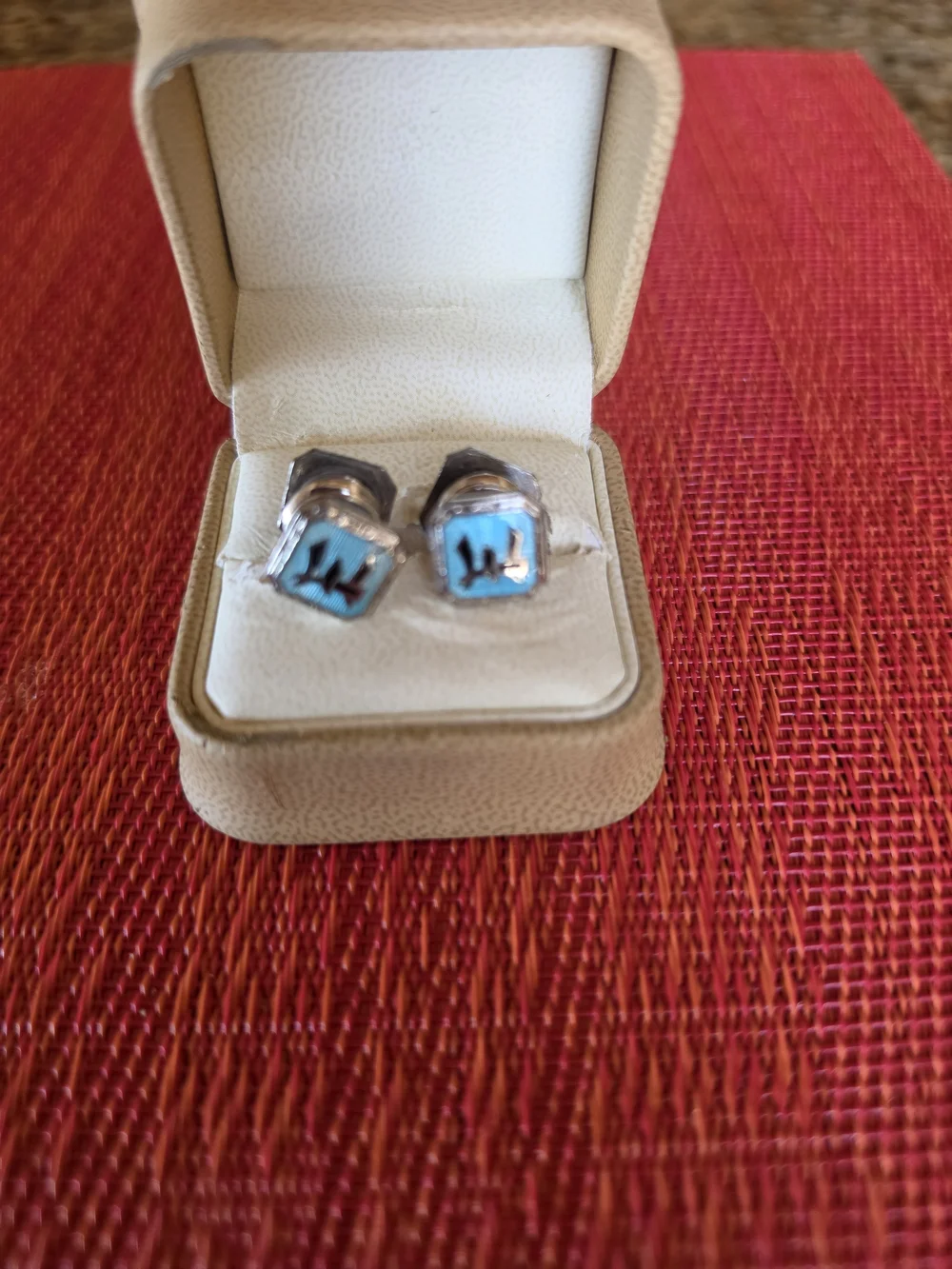 Vintage Turquoise & Black Enamel Cufflinks Pull Apart Initials Masonic EUC